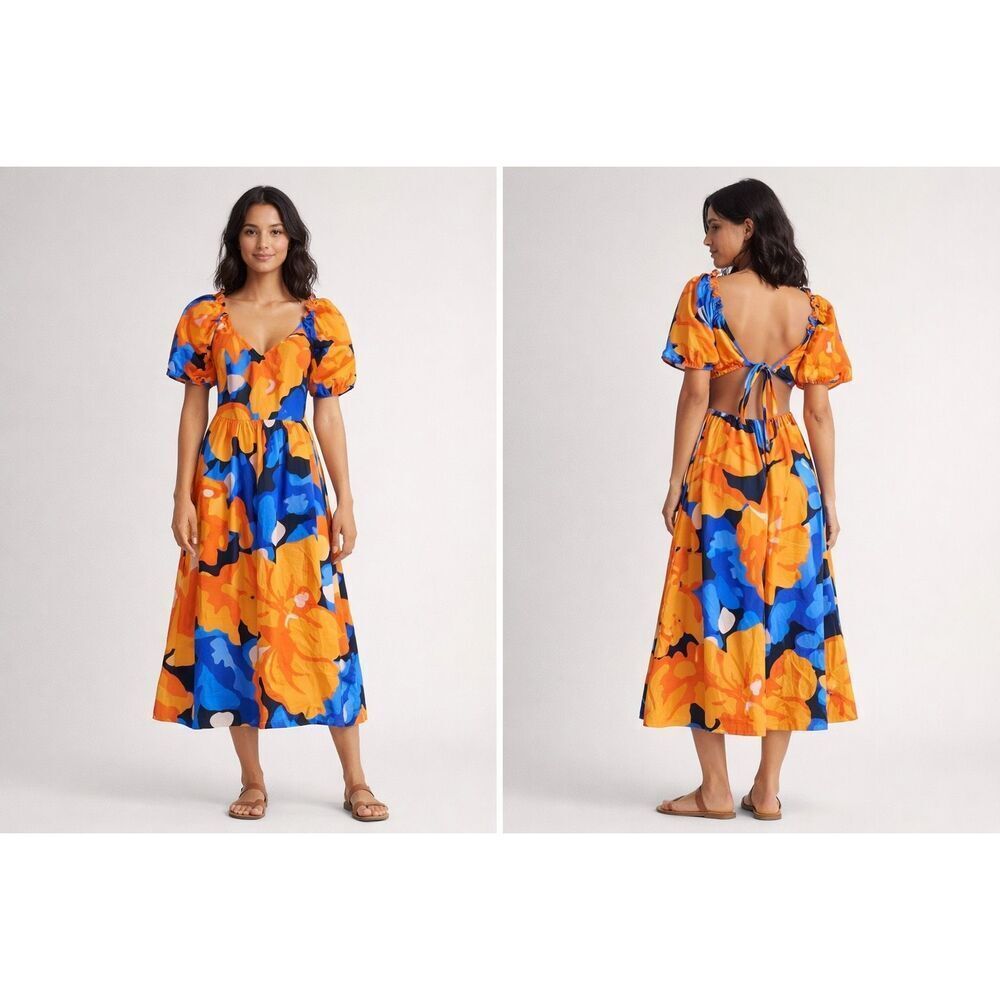 Tabitha Brown Target Floral Puff Sleeve Tie Back Midi Dress Size 4